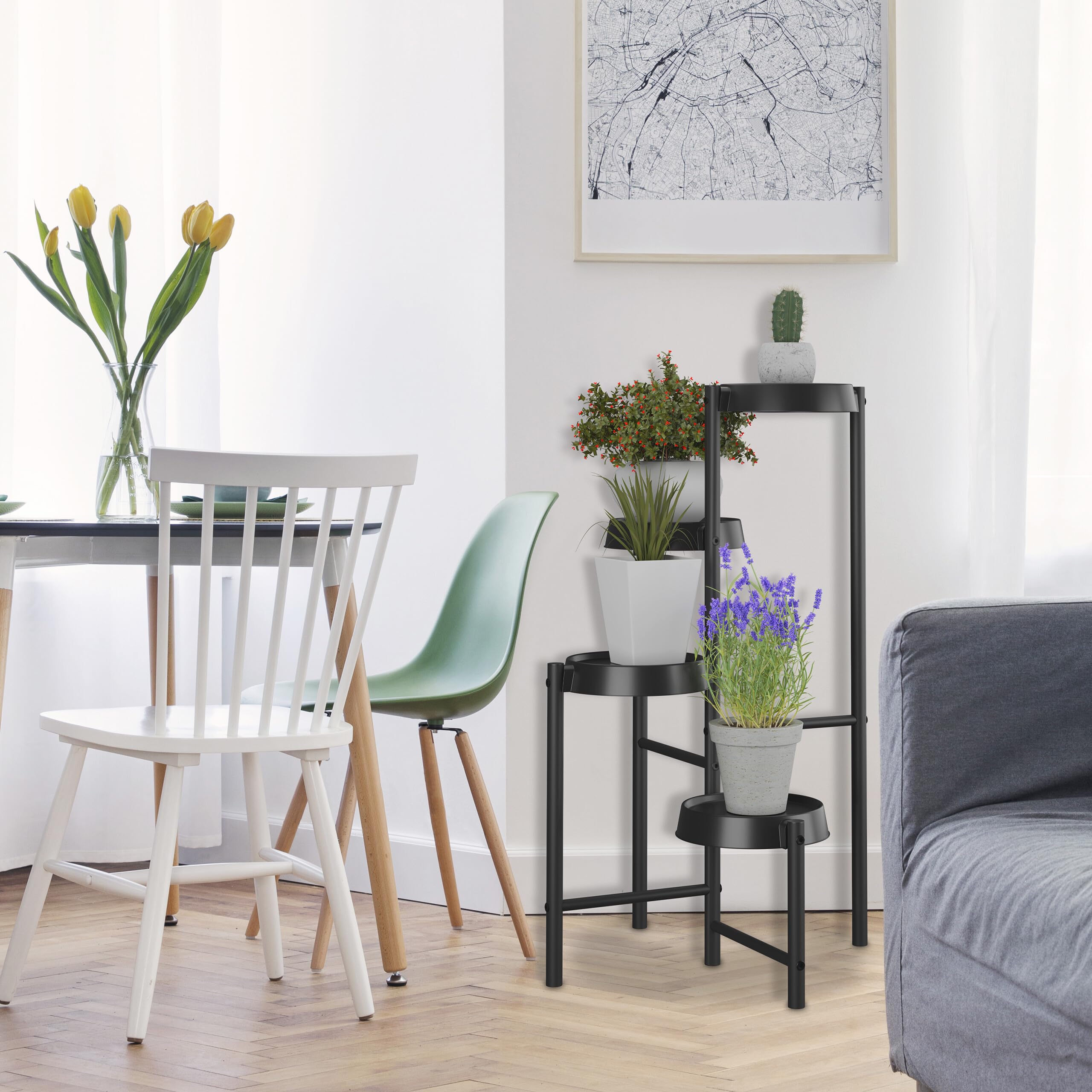 Relaxdays Étagère à Plantes, 4 emplacements, métal et Plastique, H x L x P : 81 x 48 x 49 cm, pour l'intérieur, Noire