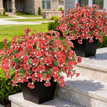 GLIDLION 12 Bundles Artificial Morning Glory & Eucalyptus for Outdoor, Realistic Fake Silk Flower UV Resistant Faux Plant for Front Door Patio Garden Farmhouse Decor Red