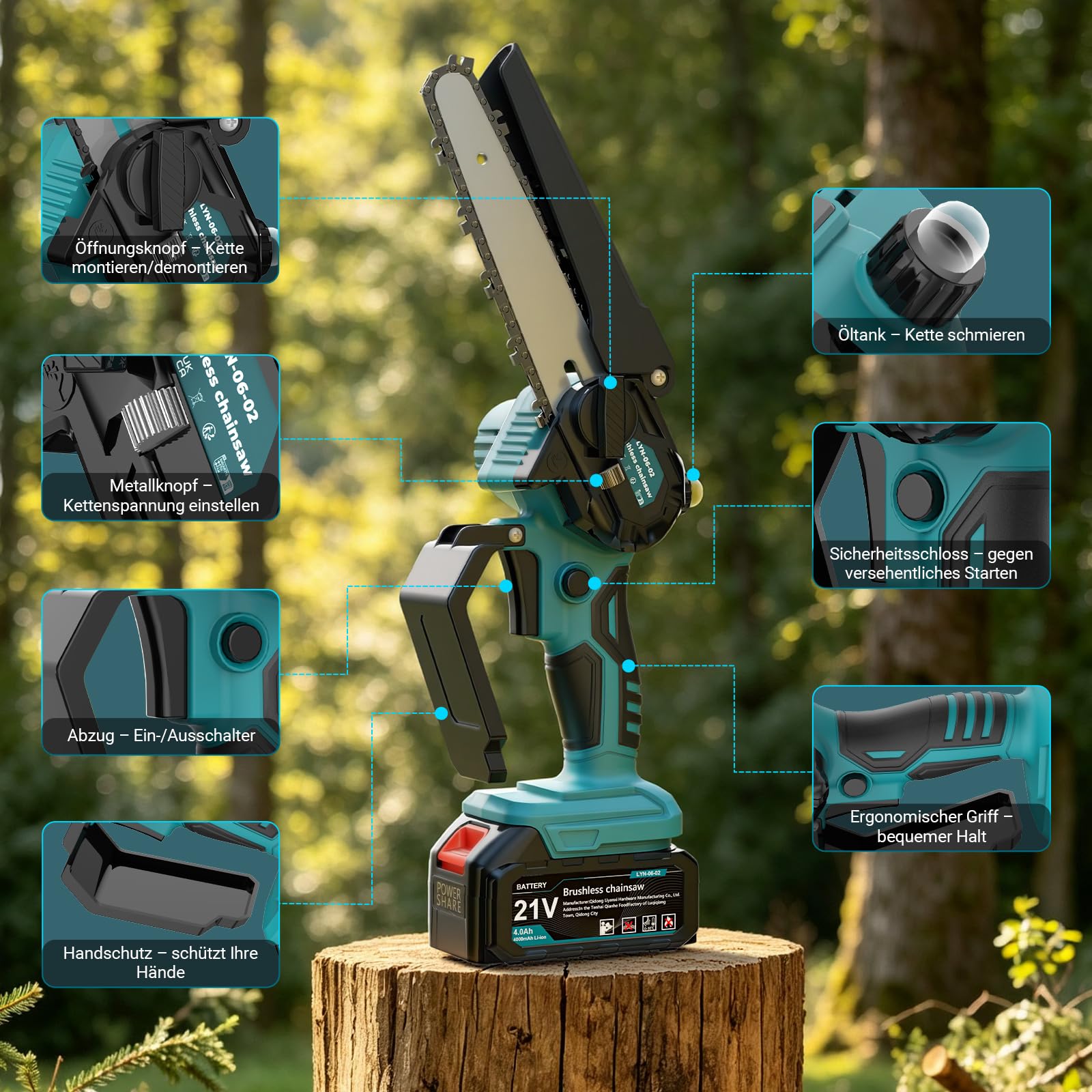 Mini Motosega a Batteria, 8000 mAh, 6 e 8 Pollici, Brushless | Motore 800 W, 2 batterie da 4000 mAh, 4 catene, autonomia da 45 a 60 min, lubrificazione a pressione, compatibile con Makita