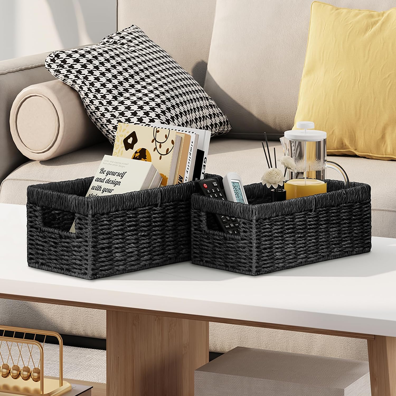 Vagusicc Wicker Storage Basket, Set of 2 Hand-Woven Paper Rope Wicker Baskets for Organizing Decor Storage Bins for Counter Shelves Pantry Basket Small Toilet Paper Basket for Toilet Tank Top, Black
