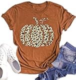 Halloween Pumpkin Shirt Women Leopard Graphic Tees Short Sleeve Fall T-Shirt Thanksgiving Gift Tops