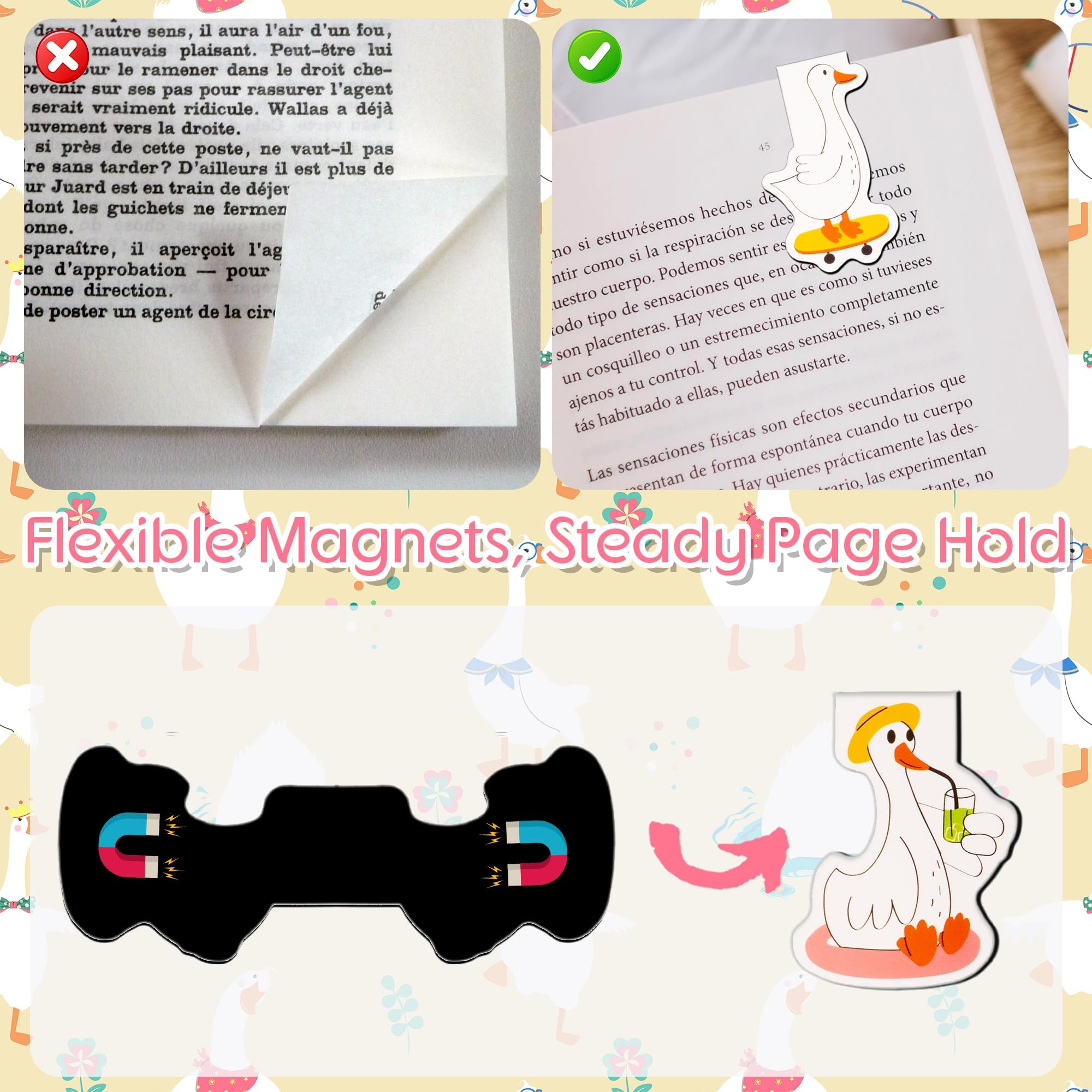Lot de 18 marque-pages magnétiques en forme d'oie amusante pour la rentrée scolaire, cadeau pour les amateurs de livres, les étudiants, les enfants, les marqueurs de page d'animaux pour