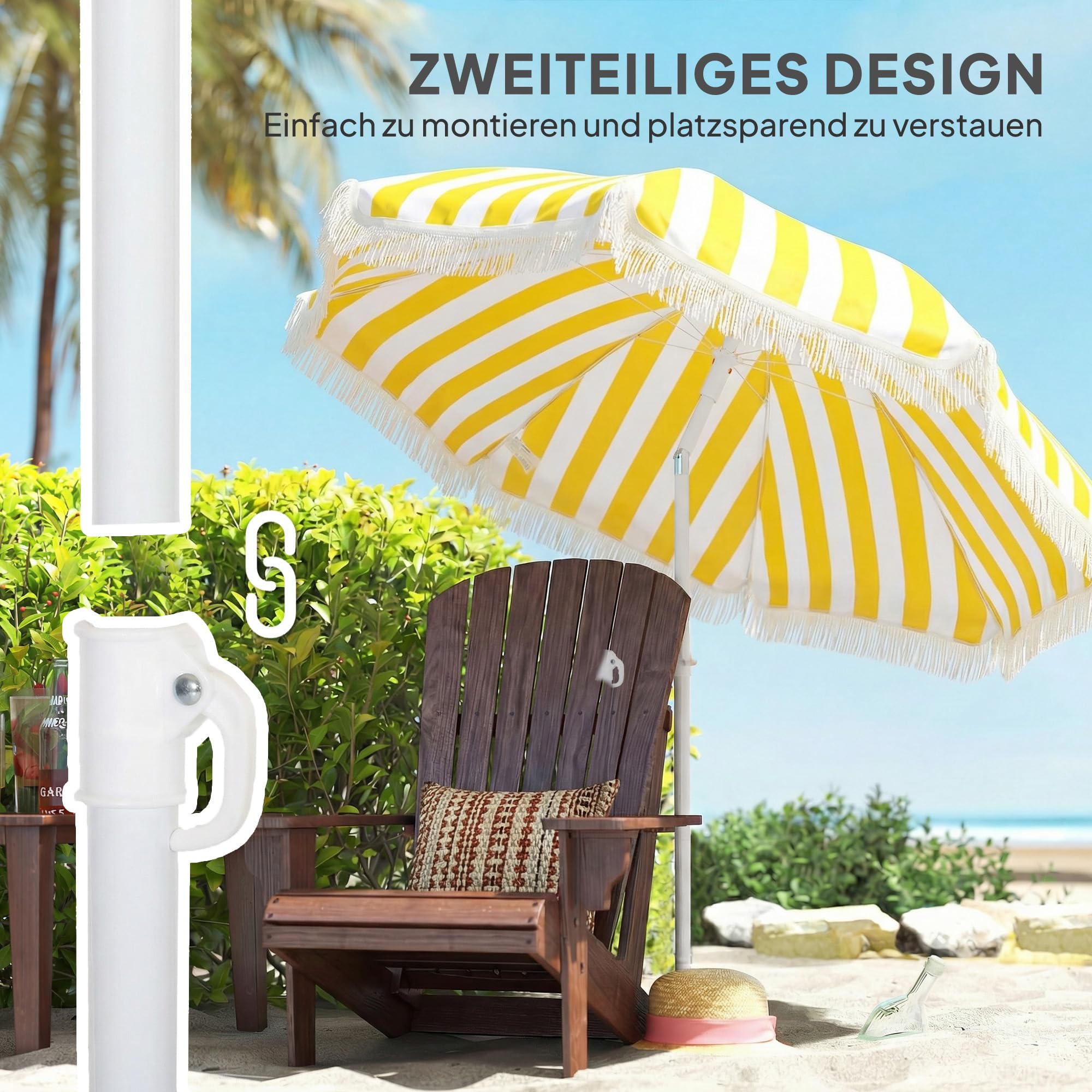 Outsunny Sonnenschirm Strand Ø180 cm windfest Strandschirm mit Sandanker verstellbarer Neigung Tragetasche Balkon-Schirm Gartenschirm sicherer Sonnenschutz für Reisen Strand Balkon Camping Gelb+Weiß