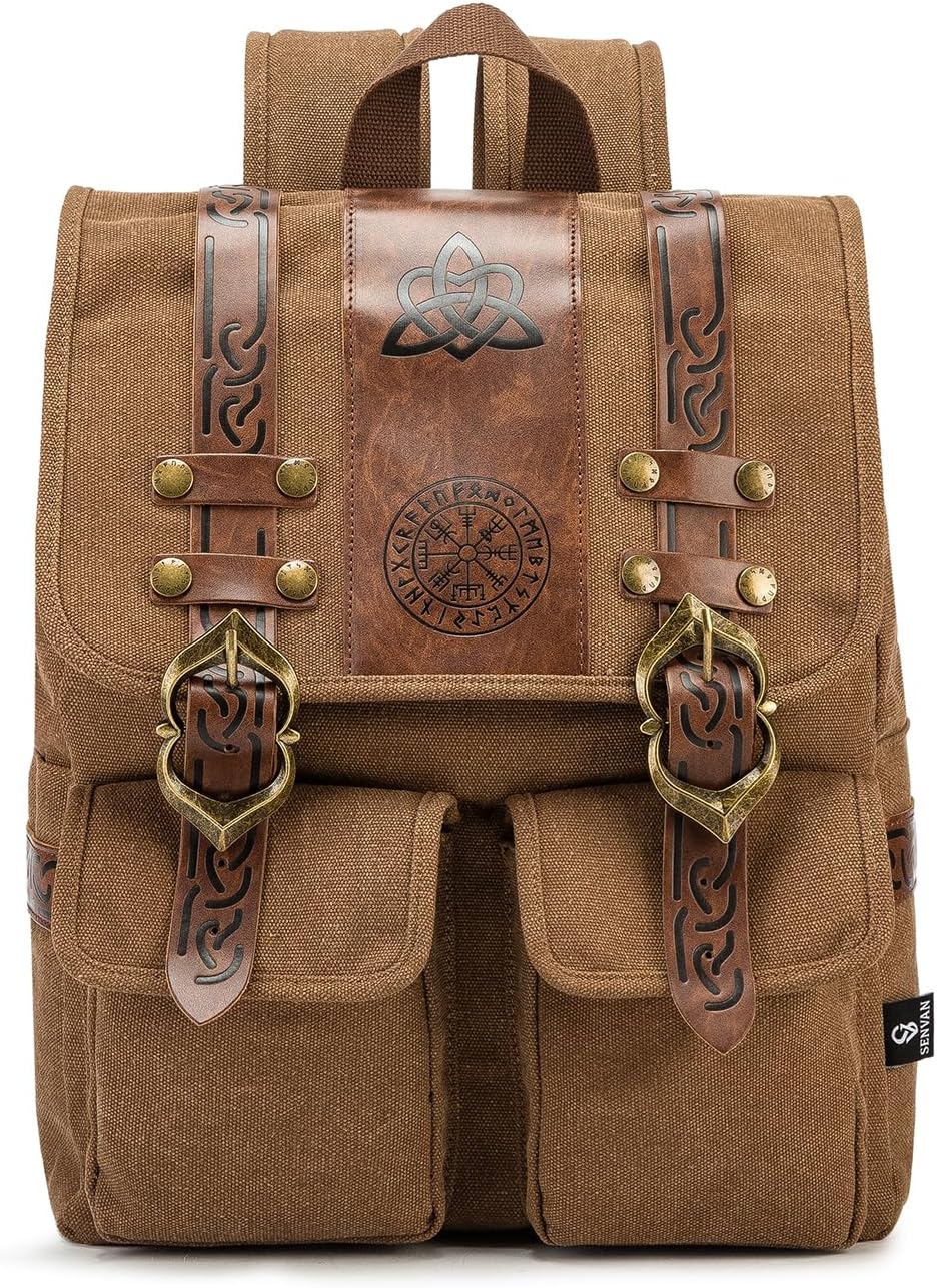 SV SENVAN Medieval Renaissance Backpack –Viking Medieval Canvas Bag for LARP, Travel & Cosplay with Metal Hardware