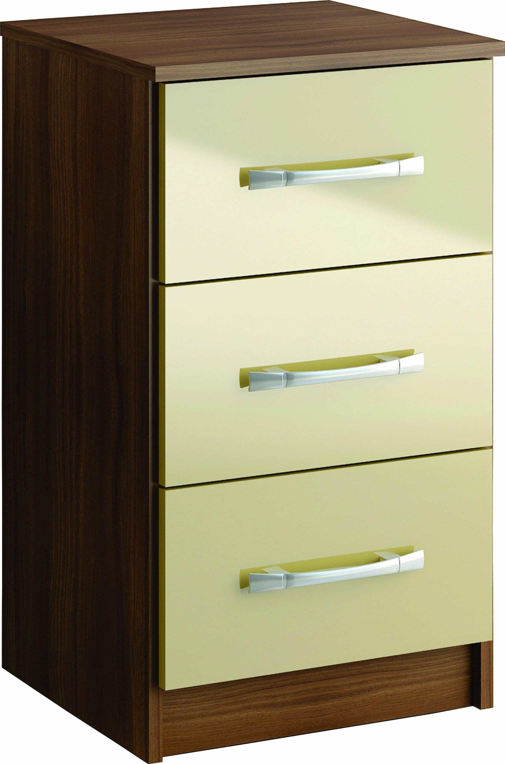 Birlea Lynx 3-Drawer Bedside Table - High-Gloss, Walnut and Cream