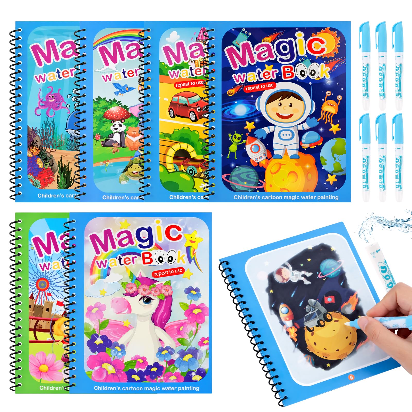 MINISOISO 6 Piezas Libro para Colorear con Agua Libro para Colorear con Bolígrafo de Agua con 6 Piezas Bolígrafos de Agua Mágico Libro para Colorear Bolígrafo de Agua para Niños de 2 3 4 5 6 Años