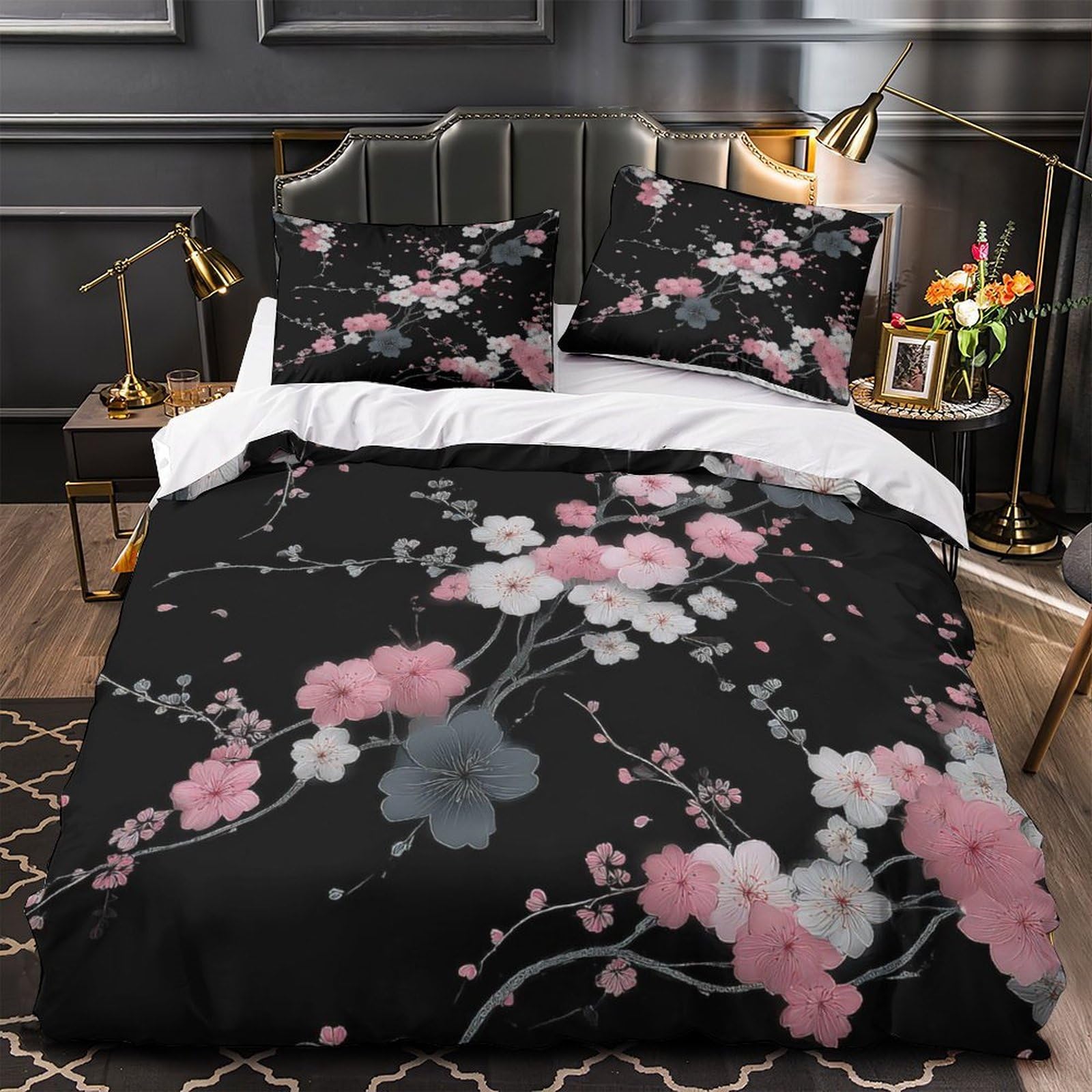 Housse de couette cerisier effet 3D parure lit super king