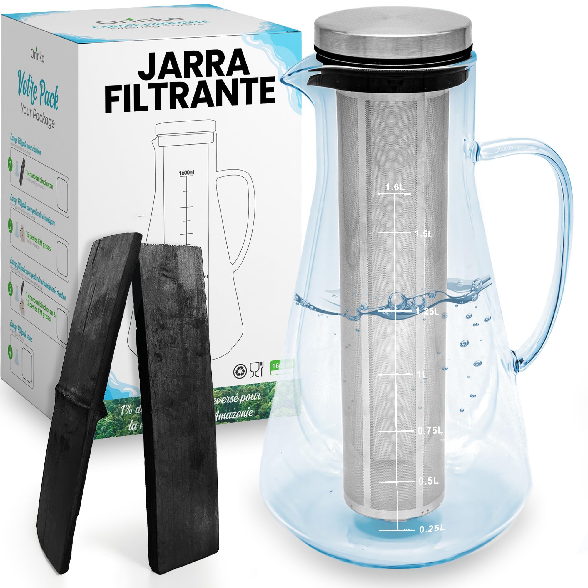 ORINKO Jarra filtrante de cristal 1,6 L + carbón Takesumi japonés x2 - carbón activado vegetal para purificación natural agua - filtración natural potente 2,5 L/palo - bambú japonés auténtico