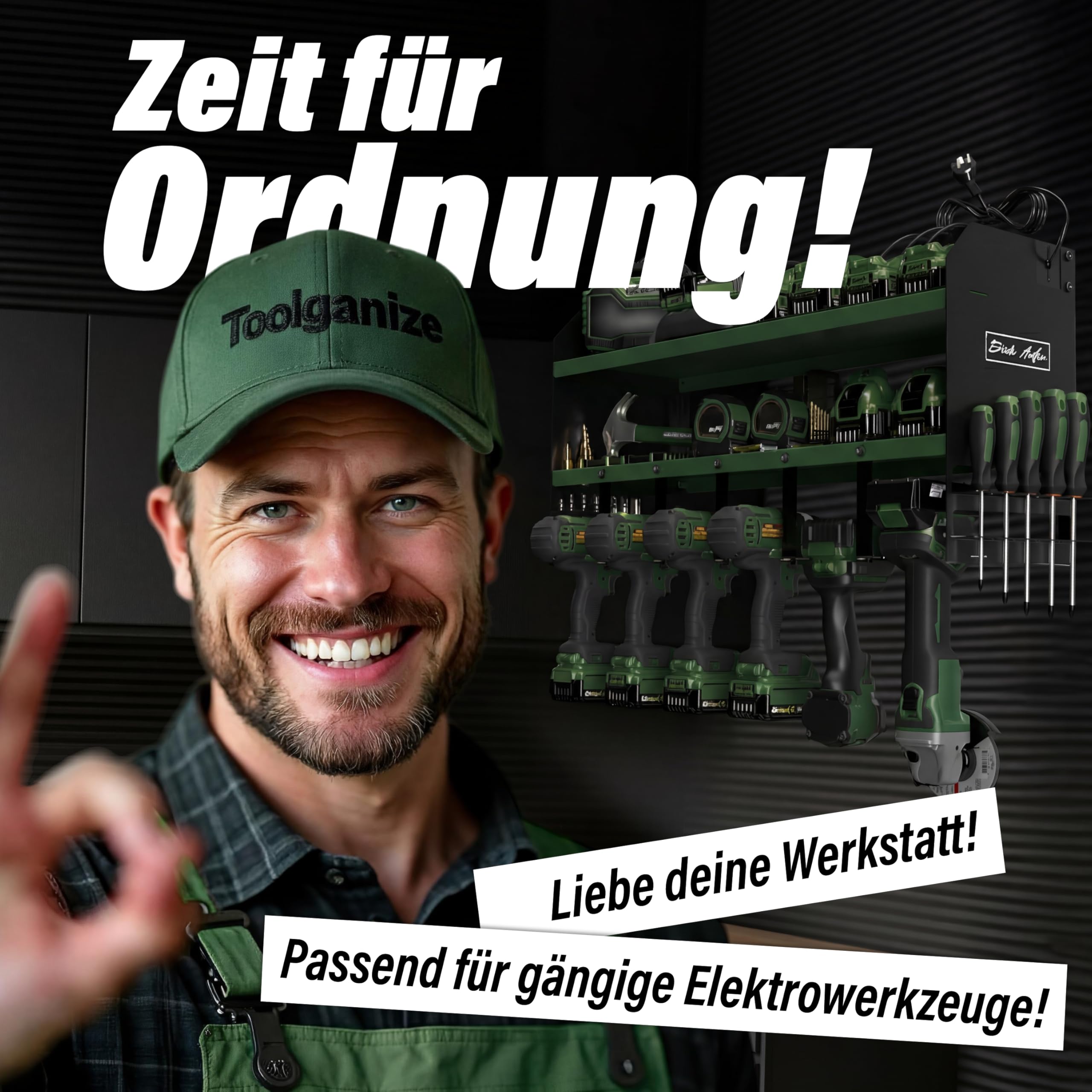 Elektrowerkzeug-Organizer mit Steckdosenleiste & Ladestation, Schwerlast-Werkzeughalter für Werkstatt & Garage, 6-fach Halterung, Metabo Grün.