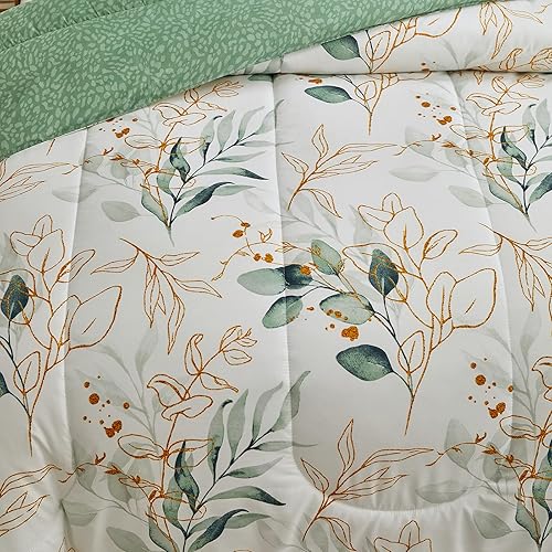 Miniatura 4 de Joyreap Juego de edredón botánico de 3 piezas, tamaño King, diseño reversible verde y hojas doradas sobre blanco, juego de edredón de microfibra