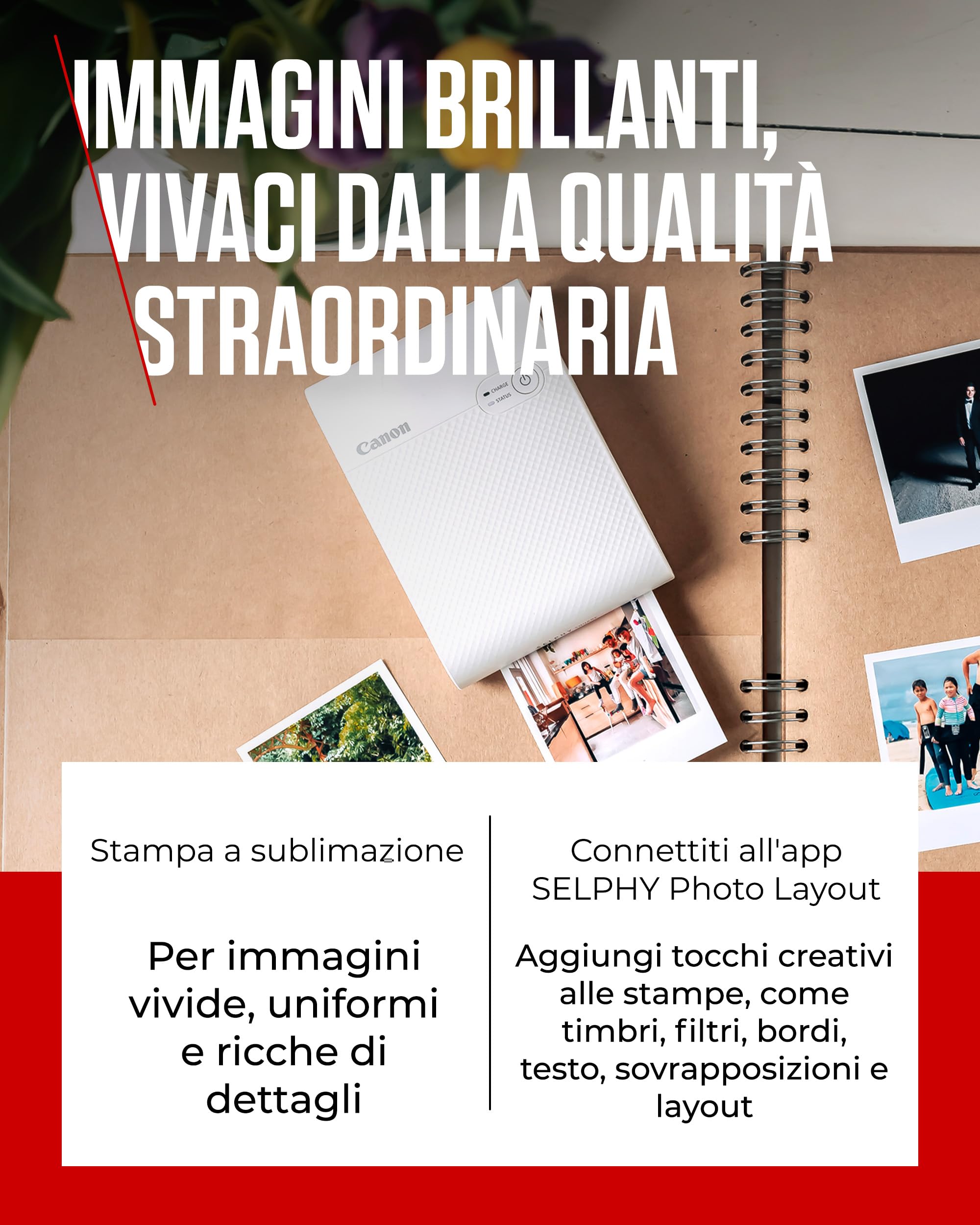 Canon SELPHY SQUARE QX10 Stampante Fotografica Portatile Wi-Fi - Stampe di Alta Qualità, Modalità Creative - Mini Stampante Portatile per Scrapbook e Album Fotografici, Bianco