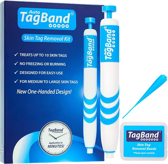 Auto TagBand Skin Tag Remover: Skin Tag Removal Kit to Remove Medium/Large Skintags 4mm-6mm on Face & Hard to Reach Areas, Pen + 10 Tag Bands, One-Hand Application at Home in Minutes