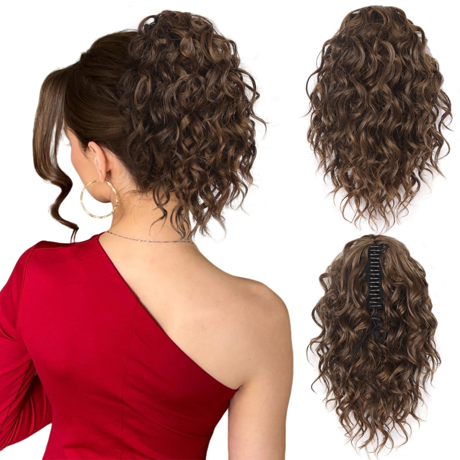 Photo 1 of 12 Inch Clip in Ponytail, Claw Clip Ponytail Extension, Curly Pony Tails Hair Extensions, Natural Synthetic Hair Extensions Ponytail, Clip On Ponytails for Women (Color: Brown Mix Orange Brown)
