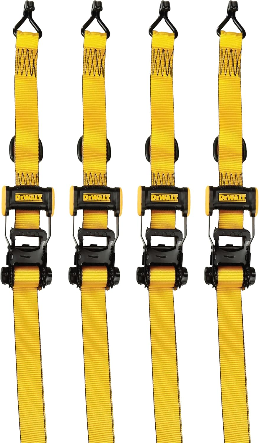 DEWALT DXBC33004 Black/Yellow 1.5" x 16' Ratchet Tie Down Straps - Mid-Weight Cargo Hauling (3300 lb Break Strength), 4 Pack