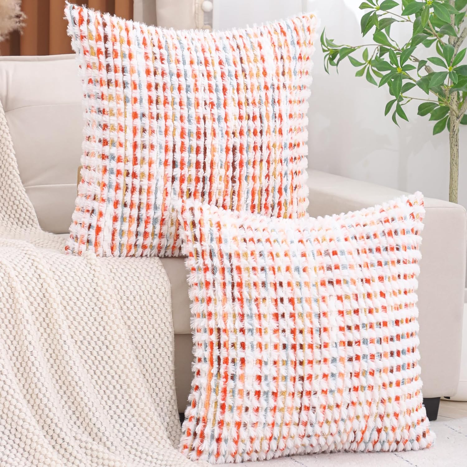 LUOYEHK Boho Throw Pillow Covers 22x22 Inch Set of 2 Chenille Tufted Pillowcase Farmhouse Neutral Cushion Covers for Couch Sofa Bed Living Room, Orange Red
