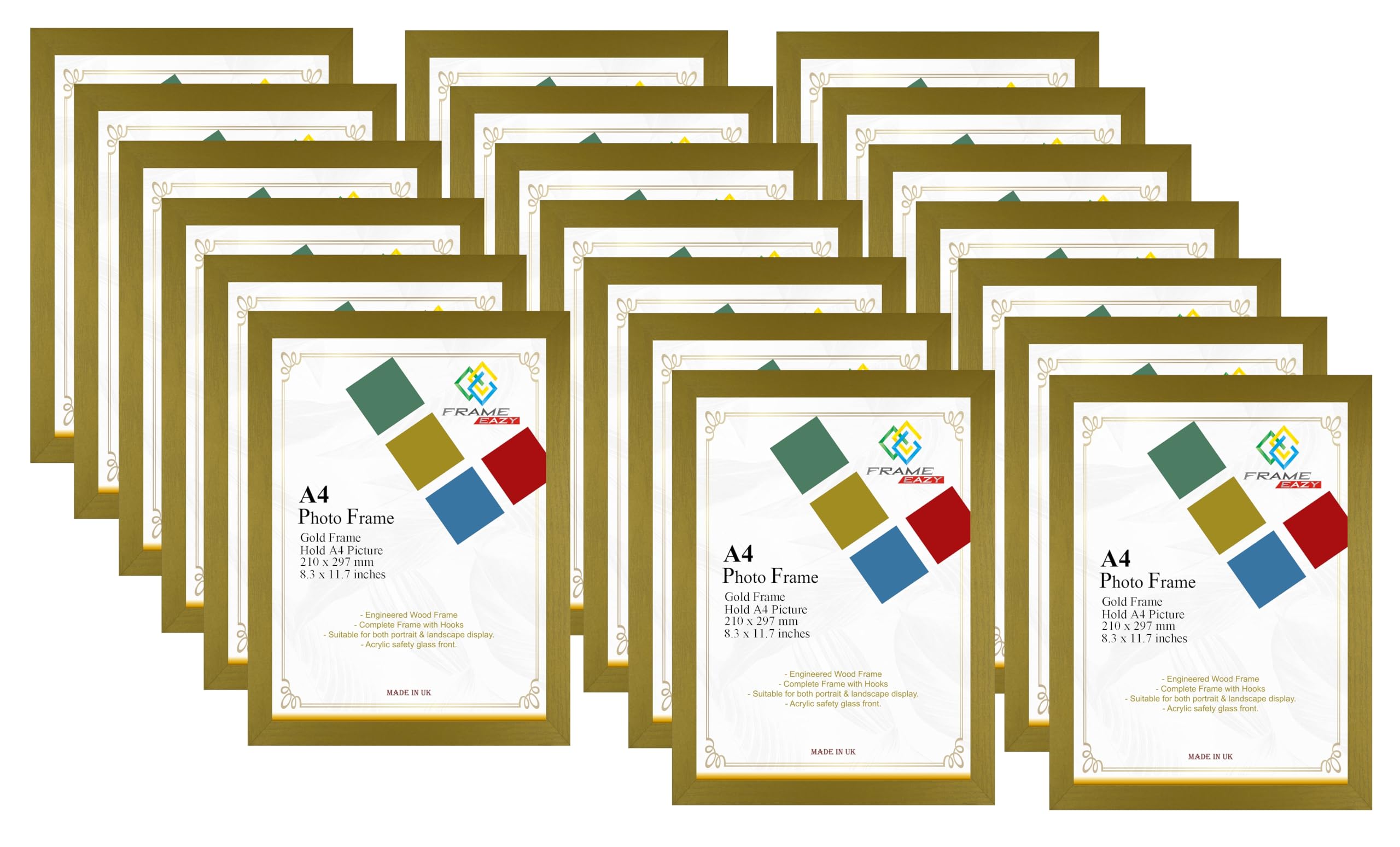 FRAME EAZY Gold Modern A4 Photo Frame Multipack of 20 in Size 29.7 x 21cm Picture Frames - A4 Certificate Frame - Gold Frame with Clear Perspex Sheet & Wall Mounted Hooks - Box of 20