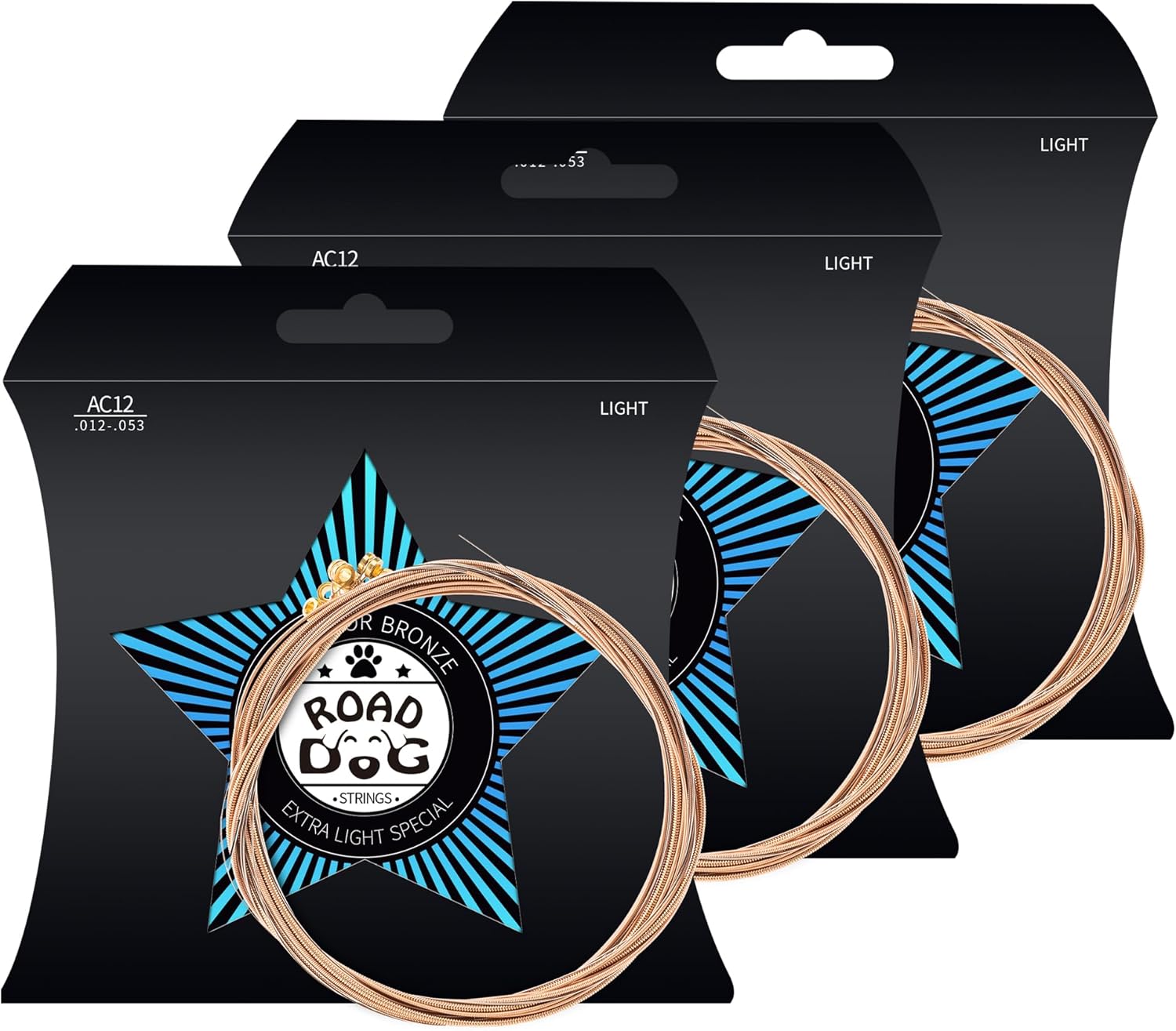 Road Dog Acoustic Guitar Strings 3 Pack, PVD Ion Coated Nickel Steel Alloy, Smooth Play, Long Lasting Bright Tone, 12-53 Light