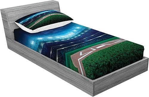 Miniatura 2 de Ambesonne Juego de sábanas bajeras y fundas de almohada de béisbol, campo de béisbol profesional por la noche, estampado vibrante de estadio de la