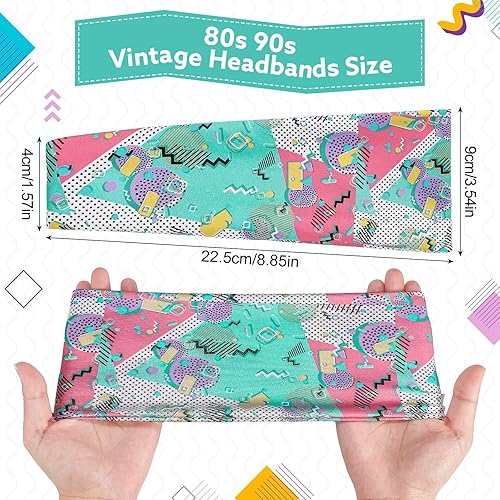 Miniatura 2 de obeoby Paquete de 8 diademas de neón con estampado de los años 80 para mujer, accesorios retro de los años 90, bandas deportivas para fiestas de