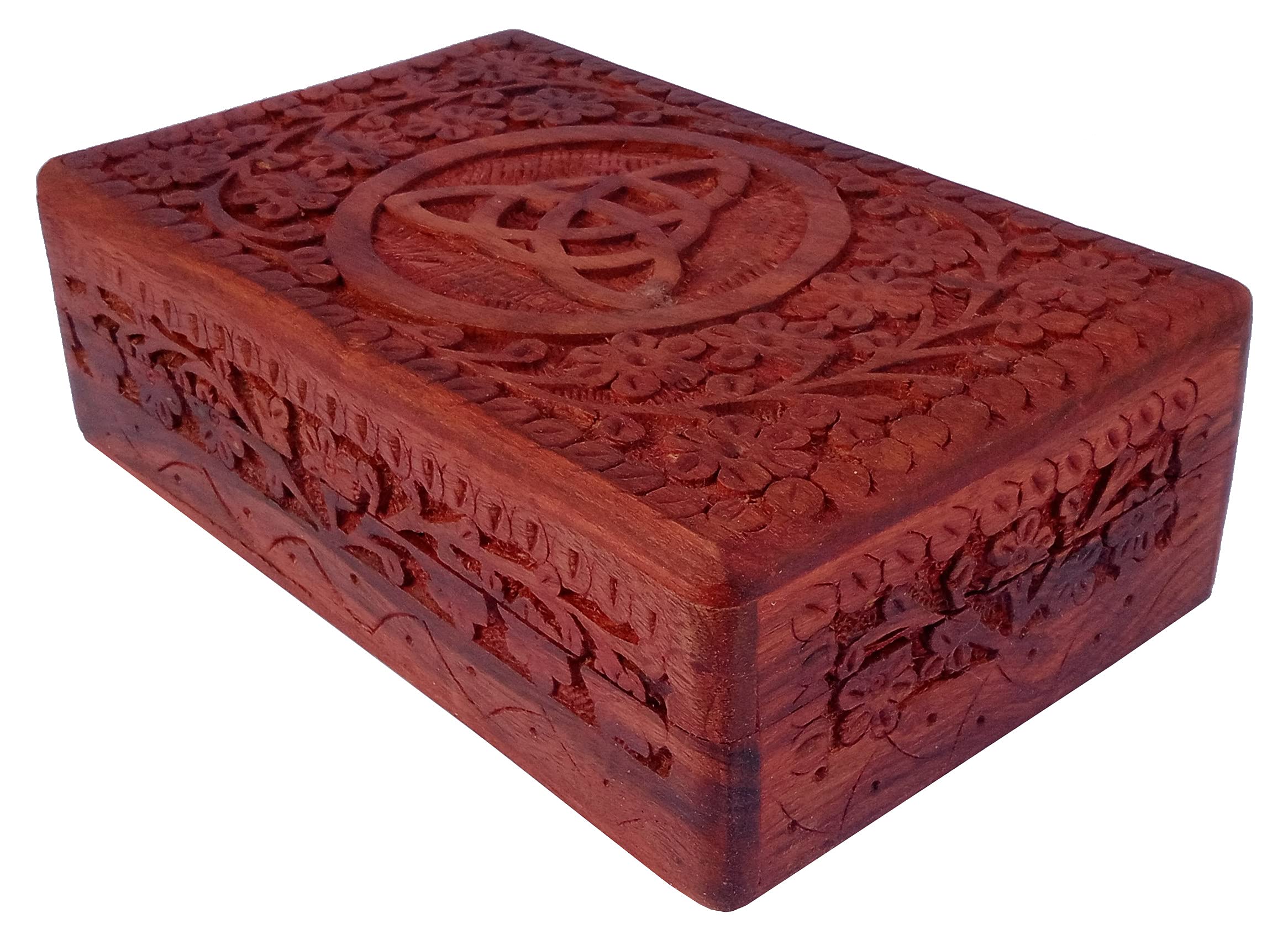 Purpledip Wooden Small Storage Box 'Triskelion': Handcarved Intricate Design (12345)