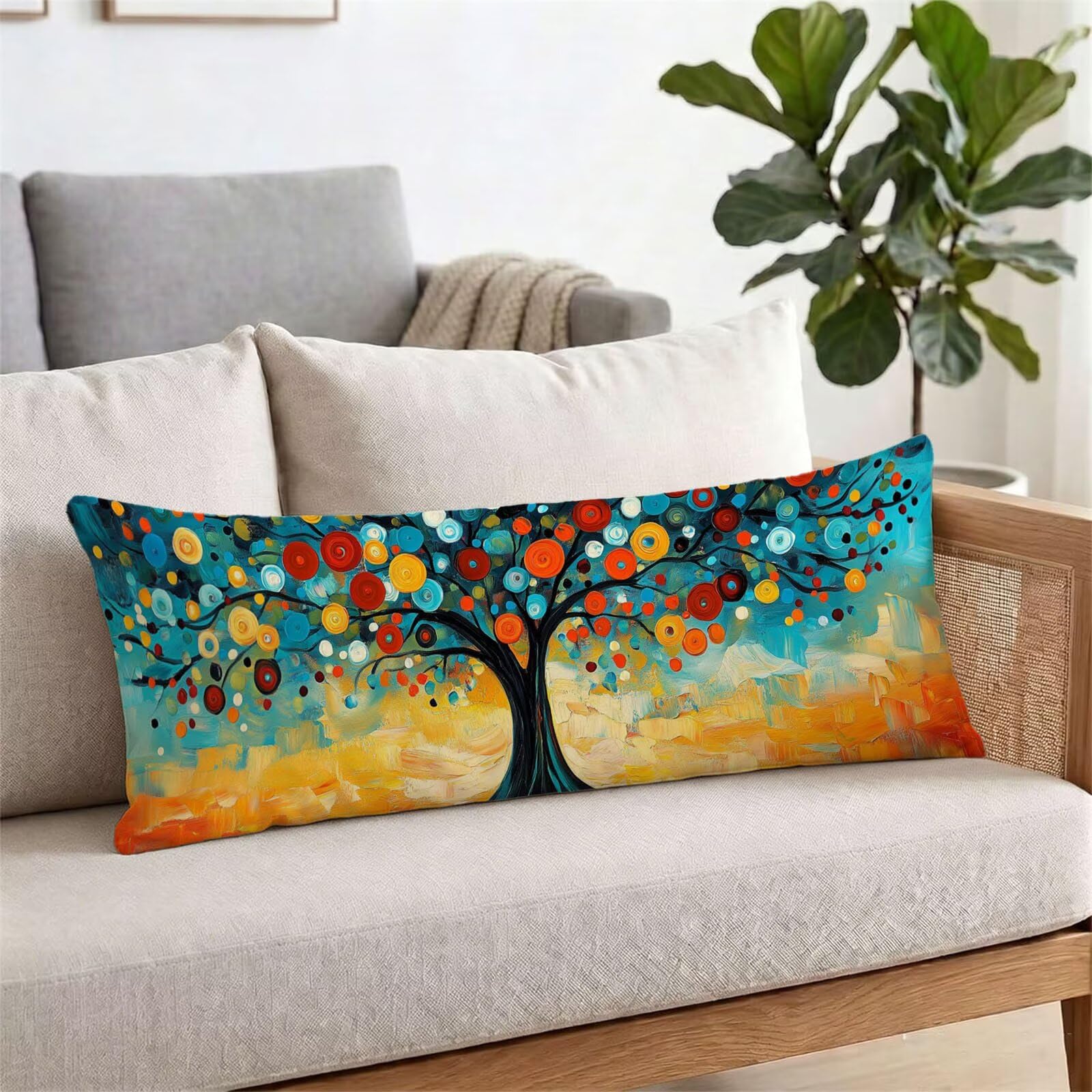 Funda de Almohada 60 x 180 cm Vistoso Protector Almohada 180 cm con Cremallera Invisible, Lino Durable y Transpirable Pillow Case Árbol Impresión a Doble Cara para Cama, Sofá y Dormitorio dg-412