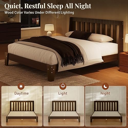 Miniatura 8 de Base de cama de madera tamaño Queen, cabecero alto acanalado con alas curvas, marco de cama de plataforma moderna de mediados de siglo con soporte