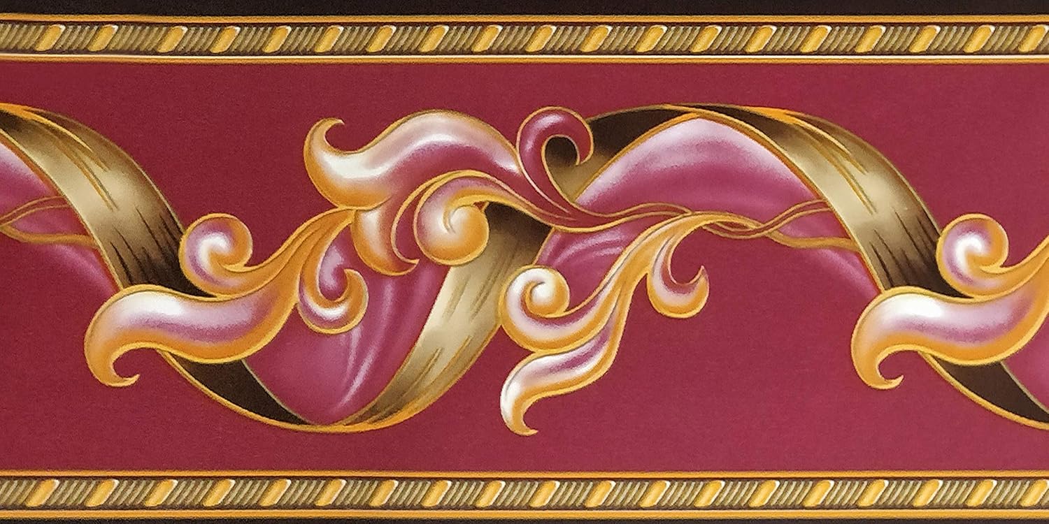 Dundee Deco Wallpaper Border Peel and Stick BD3204 - Abstract Damask Scroll Magenta Burgundy Wallpaper Border Retro Design, Roll 33 ft. x 4 in. (10m x 10cm), Self Adhesive