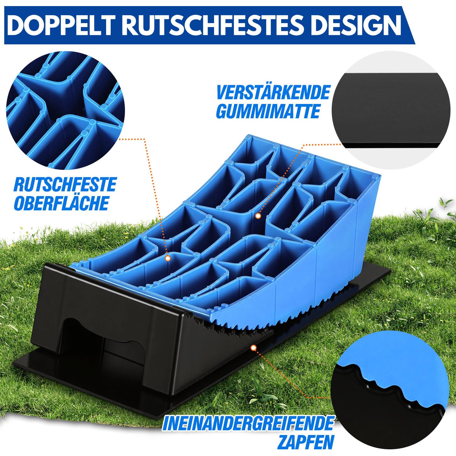 Kliny najazdowe do przyczepy kempingowej 13,5 t – 8-stopniowa regulacja wysokości 2-10 cm. Podwójny system antypoślizgowy z HDPE. Zestaw 2 szt. w zestawie maty gumowe i poziomica – również do