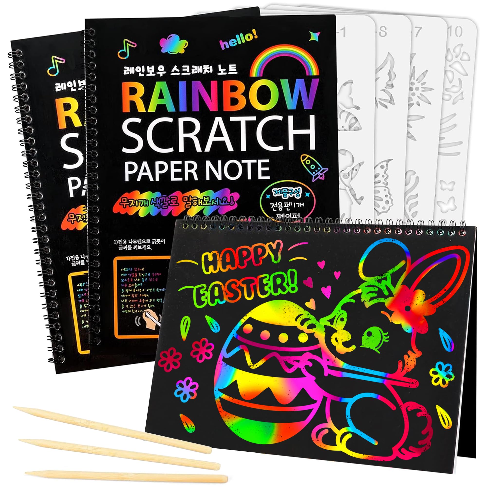 Mocoosy 3 Pack Rainbow Scratch Art Paper Notebooks, Spiral Bound Magic Scratch Pads for Kids Arts Crafts Supplies, Black Sketch Note Coloring Activity Book Easter Basket Stuffer Gifts for Girls Boys