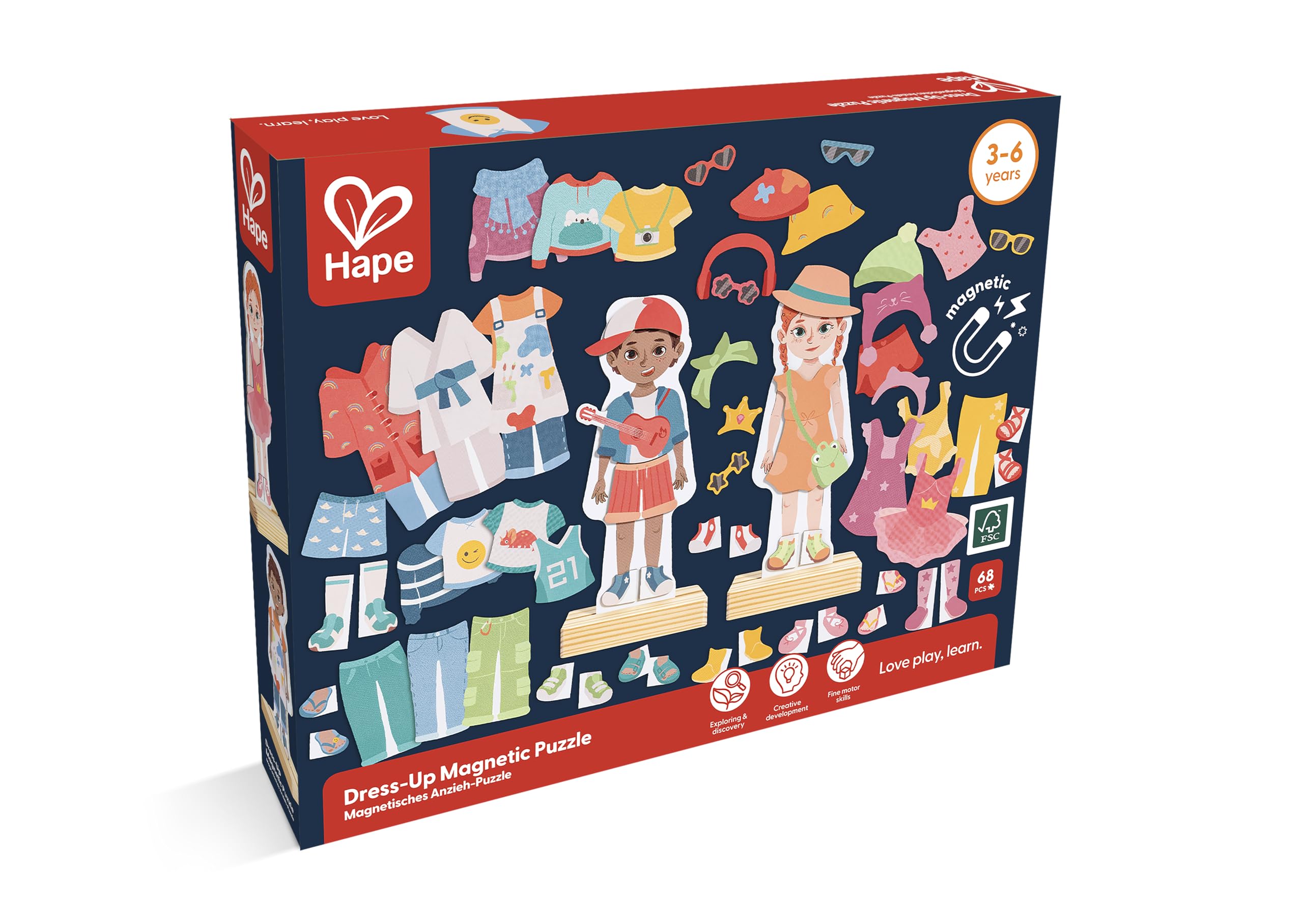 Hape Puzzle en Bois Je M'habille avec Mes Vêtements Aimantés - 66 Pièces, Jeu Enfant 3 Ans Apprentissage des Couleurs, Textures, Motifs - Cadeau Anniversaire, Maternelle - Figurines Garçon et Fille