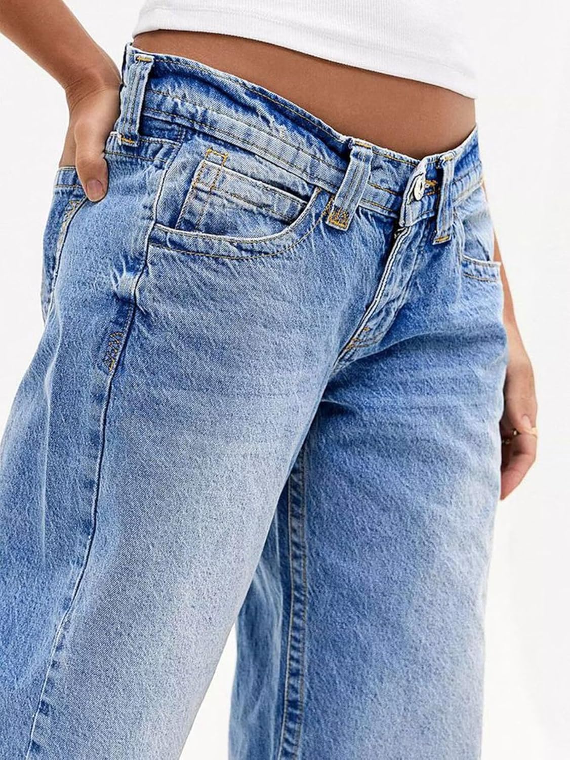 Flamingals Wide Leg Jeans for Women Mid Waist Baggy Stitch Decor Denim Washed Pants Without Belt