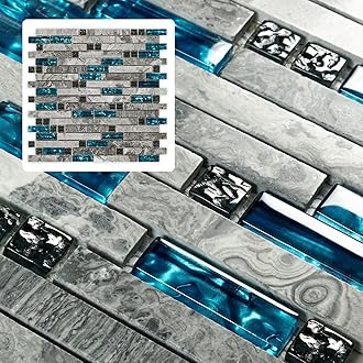 Midcard 4-Sheet Grey Marble Tile for Kitchen backsplash 12" x 12.3" x 6mm, Blue Glass with Grey Stone Mosaic Tile for Bathroom, Kitchen, Bedroom, etc.