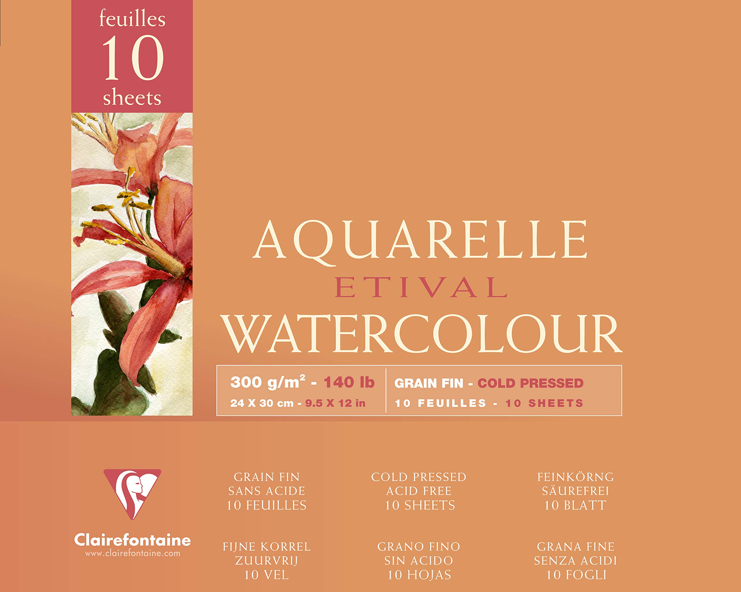 Clairefontaine - Ref 96571C - Etival Cold Pressed Glued Watercolour Painting & Drawing Pad (10 Sheets of Paper) - 24 x 30cm - 300gsm Cellulose Art Paper