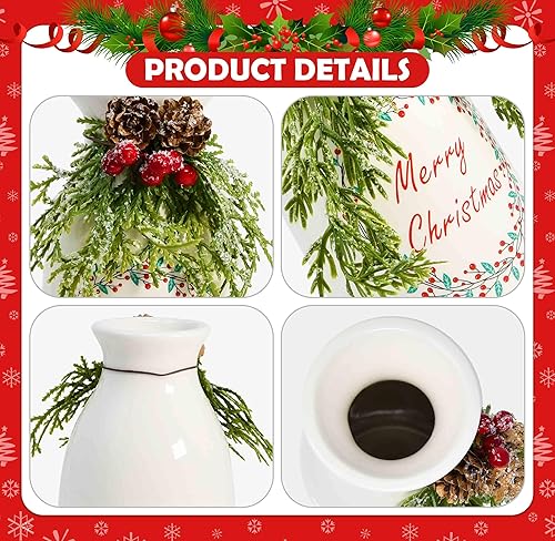 Miniatura 3 de Gift Boutique - Juego de 3 jarrones de cerámica navideños blancos, botellas festivas con decoraciones artificiales de Navidad mezcladas, para