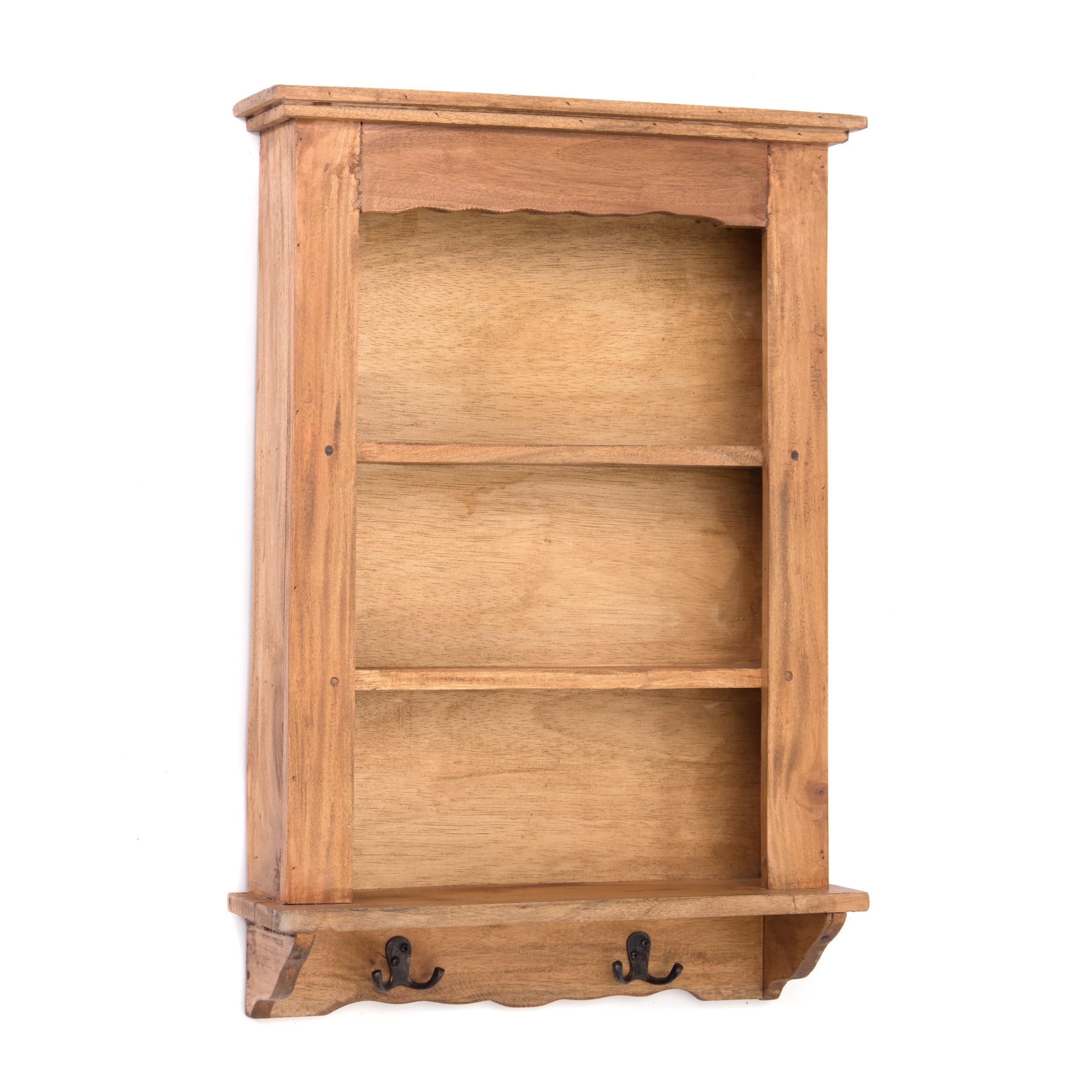 DESIGN DELIGHTS WANDREGAL Country | Mahagoni Holz, 3 Etagen, 68 cm, mit Haken | Wandschrank, Küchenregal, Hängeregal, Holzregal