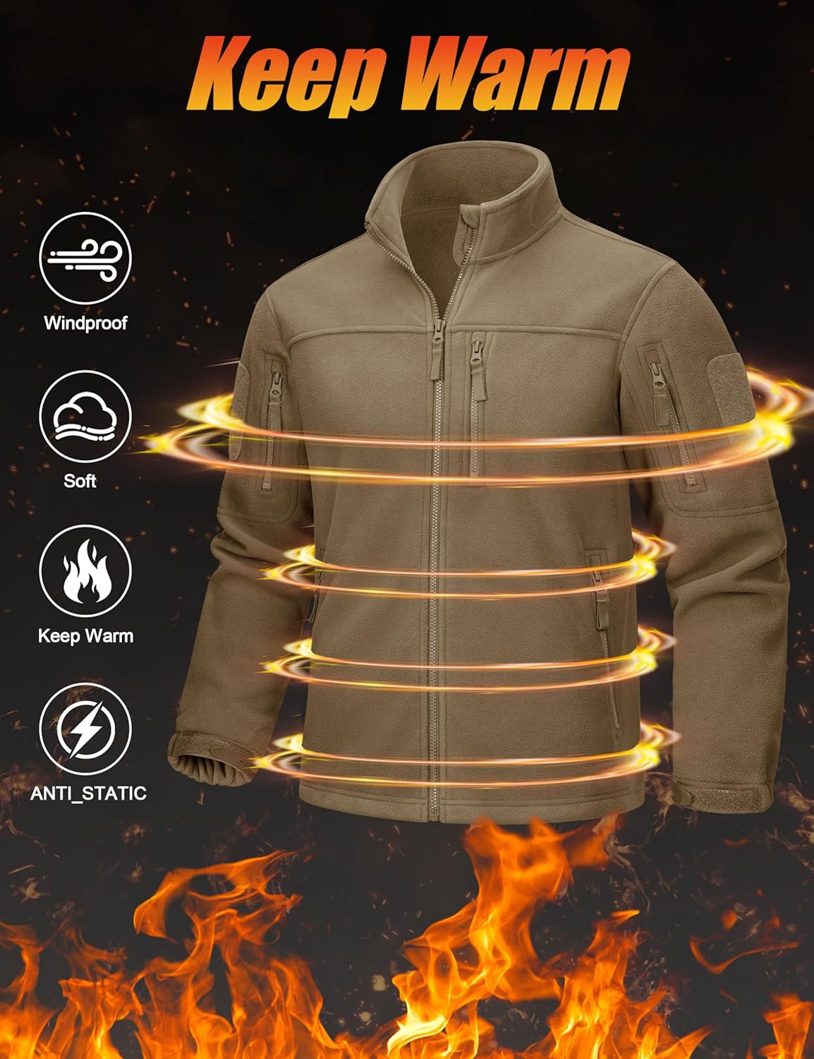 CRYSULLY Men's Fleece Jacket Winter Tactical Full-Zip Coat Military Jackets Multi Pockets - Image 3