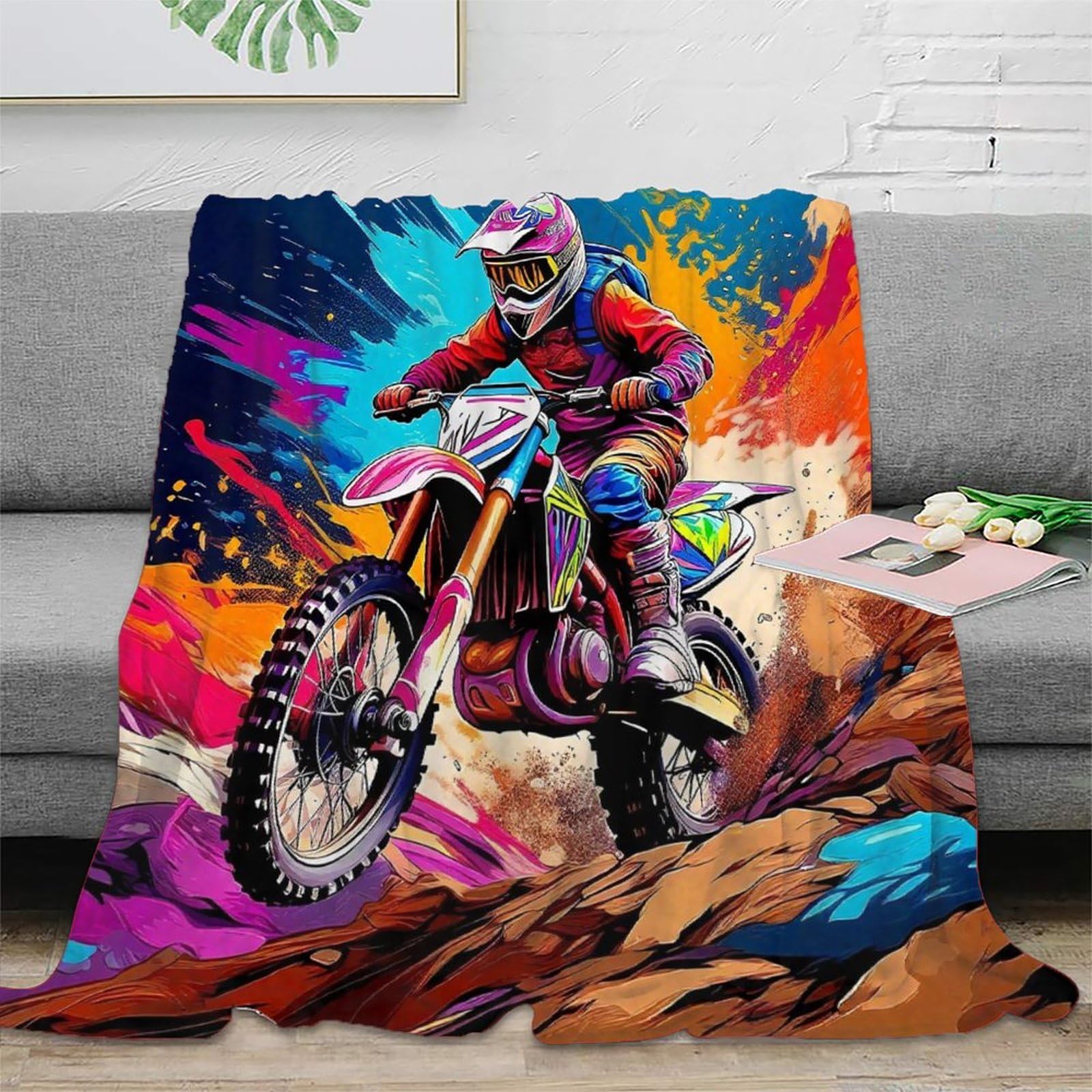 Couverture Moto Tout Terrain en peluche microfibres 150x200cm pour canapé