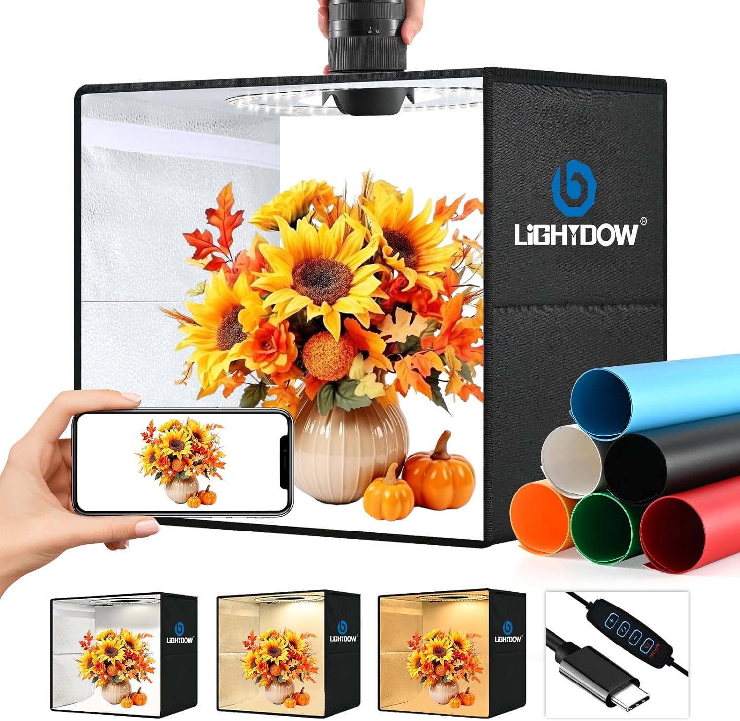 Lightdow 16"x16"x16" Photo Studio Light Box Photography with 180 LEDs (CRI>95) & Type-C Cable(18W), 6 Backdrops - Dimmable Shooting Tents[Light Box pkg. lacks Type-C Plug. Add manually.]