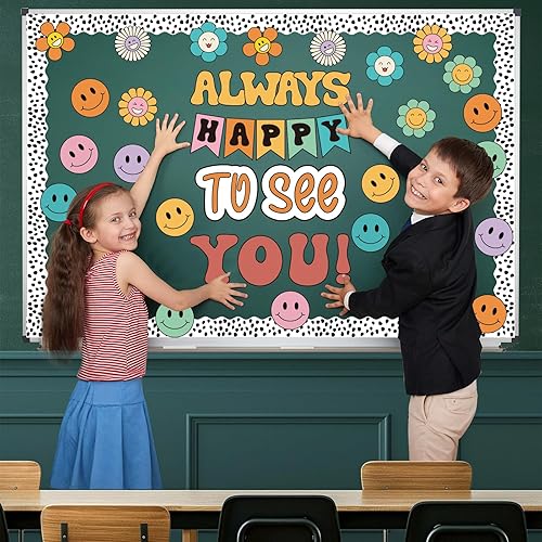 Miniatura 6 de Juego de 63 piezas de decoración de tablón de anuncios, estilo retro, cara sonriente, decoración de aula con bordes de puntos negros para decoración