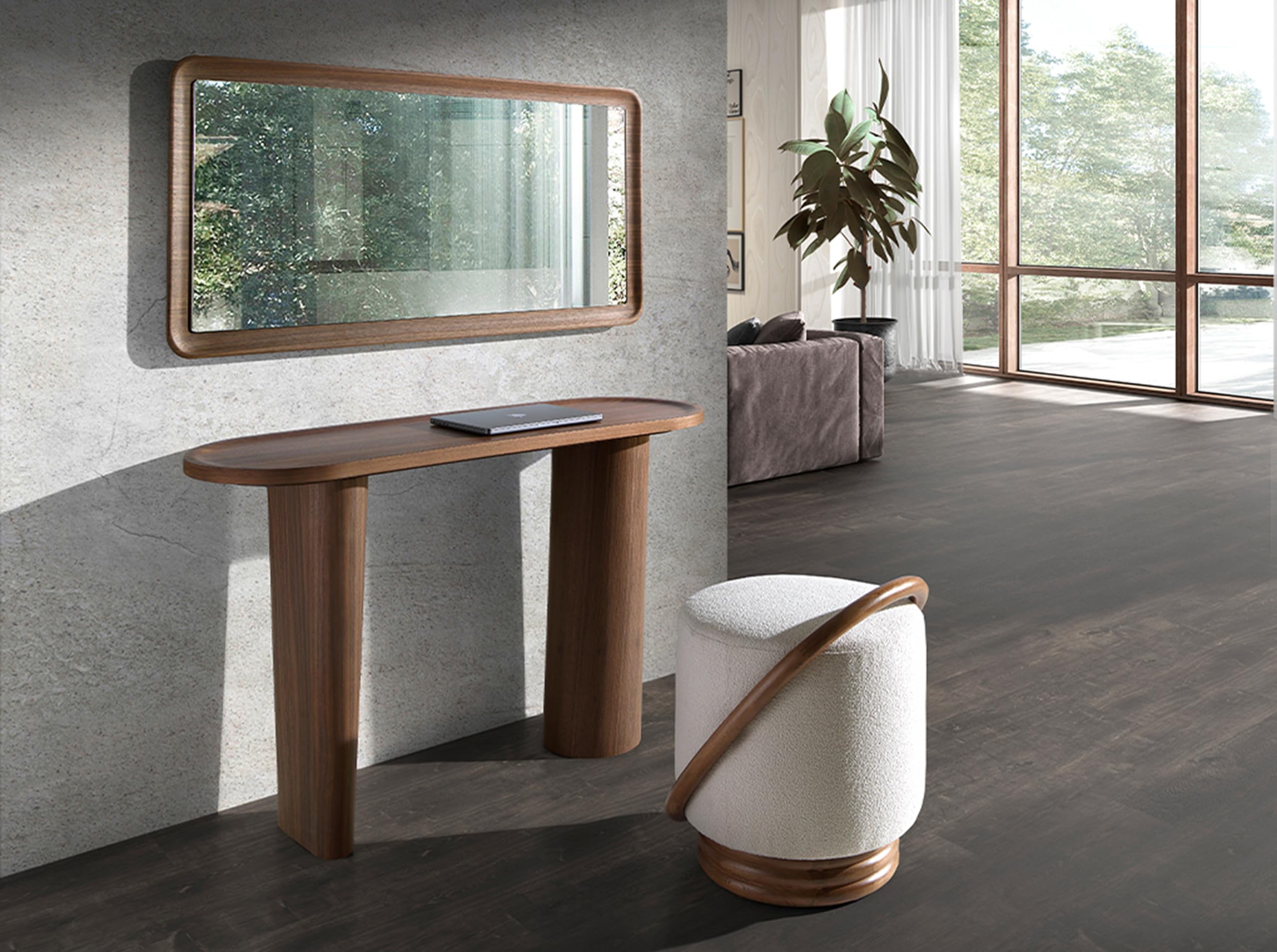 Ángel Cerdá – Halbspitzige Ovale Konsole – Natürliches Walnussfurnierholz – Modernes und Elegantes Design – Wohnzimmermöbel – Beistelltisch – Flurmöbel – Eingangstisch – Ø120 X 40 X 76 cm