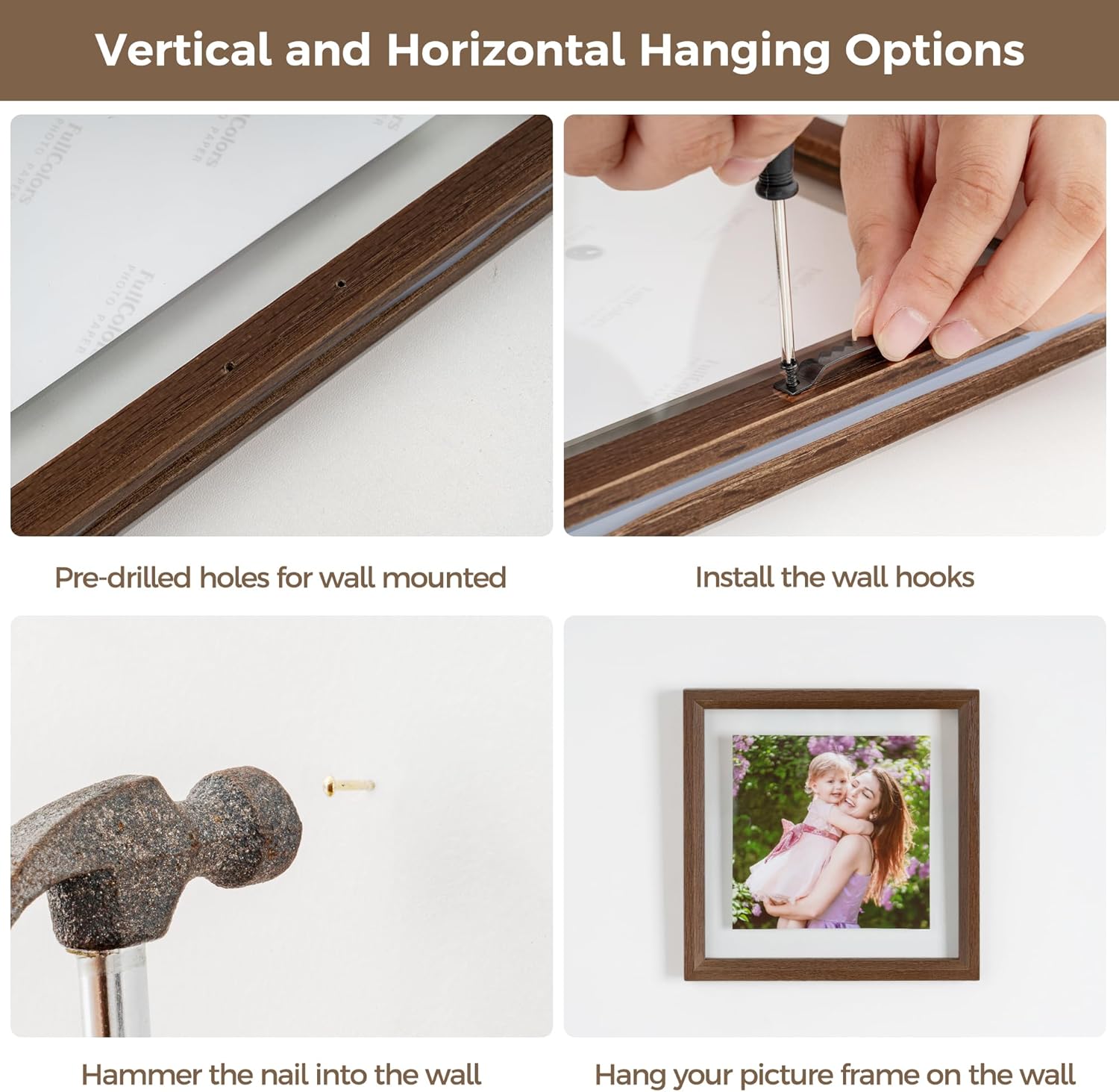 Axeman 12x12 Floating Picture Frame - Solid Oak Wood Square Picture Frame, Double Tempered Glass Photo Frame 3x3 4x4 5x5 6x6 8x8 12''x12'' Wood Frame, Wall Mount Or Tabletop Standing, Walnut