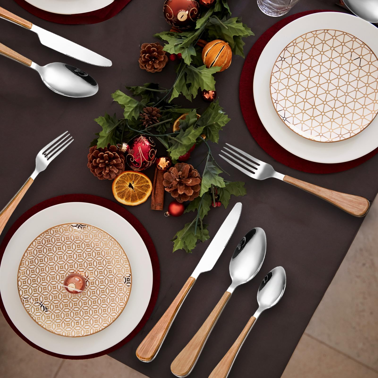 Juego De Cubiertos De Acero Inoxidable, Flatware Set 4, Mango De Madera Clásico Duradero, Cuchillo Para Carne Tenedor Cuchara Para El Hogar, Hotel, Restaurante, Fiesta (20pcs)