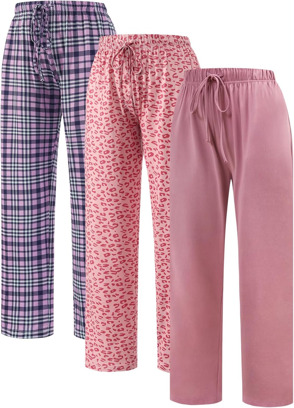 Ullnoy 3 Pack Women's Soft Pajama Lounge Pants with Drawstring & Pockets Pajamas Bottoms for Women Comfy Pj Sleep Bottoms