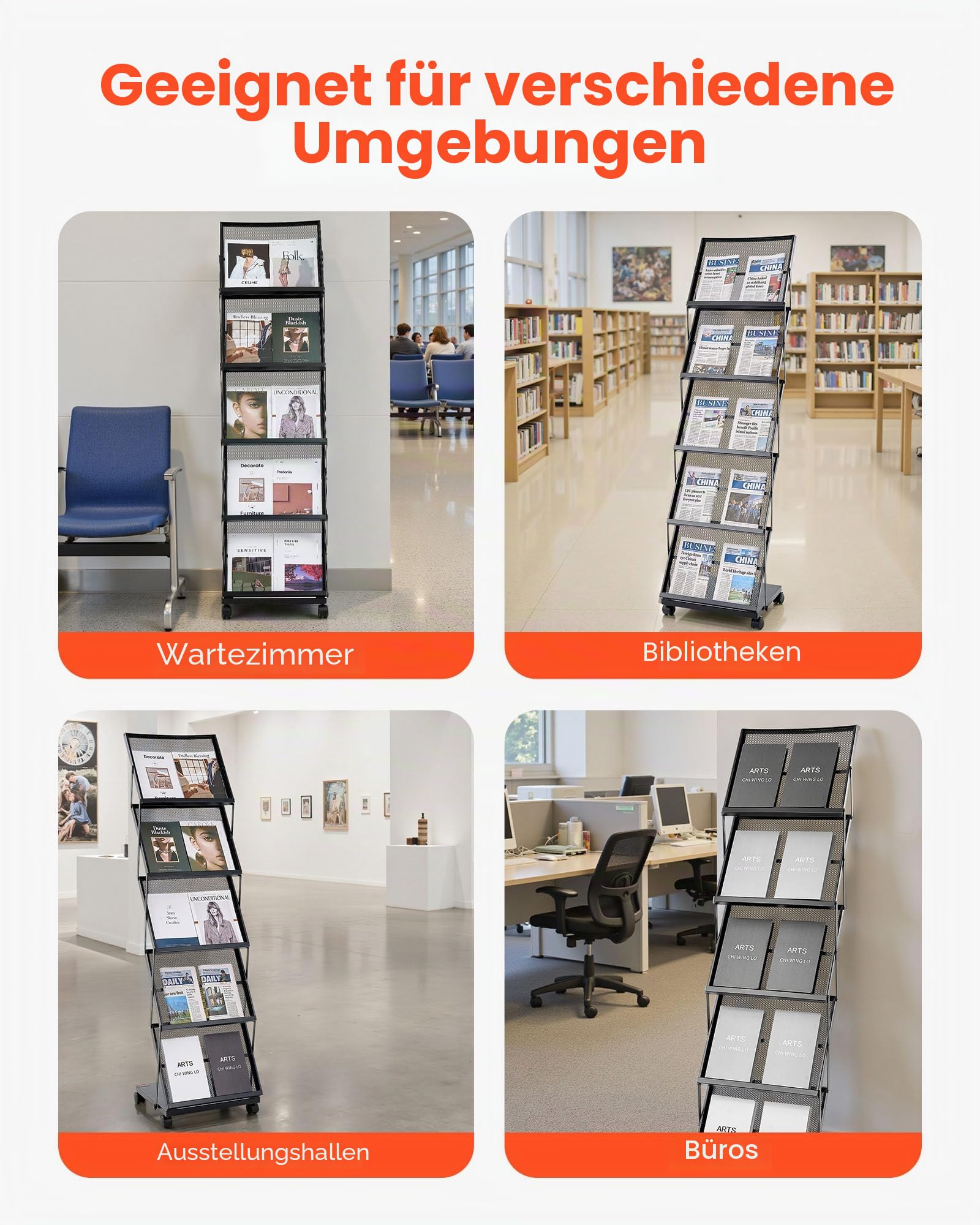VEVOR faltbarer Prospektständer Zeitschriftenständer mit 5 Taschen, rollbarer Literaturständer Kataloghalter Schrägsteller, Buchständer Bodenaufsteller für Messe, Büroshows, Ausstellung
