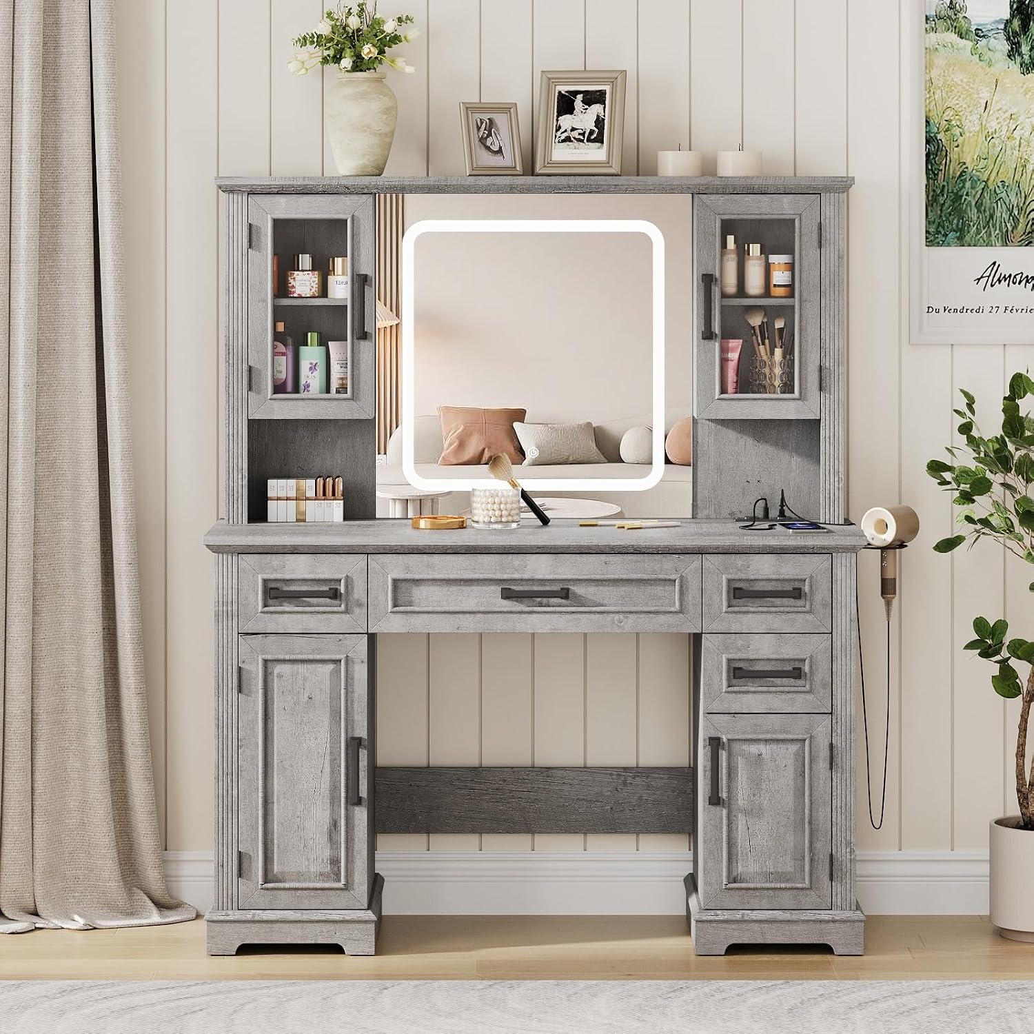Vabches 45" Farmhouse Makeup Vanity Desk with Mirror & Lights, Makeup Table with Charging Station, 4 Drawers & Cabinets, 3 Lighting Modes, Bedroom Dressing Table, Grey