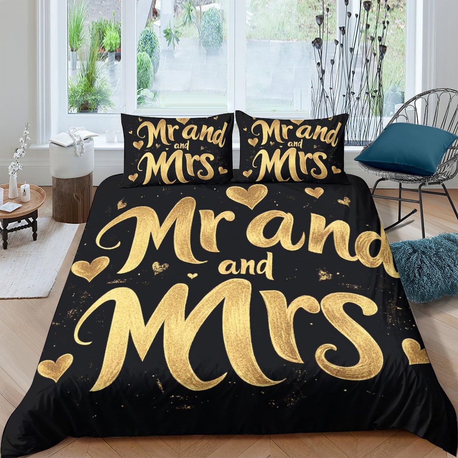GPLZQXKJNH 3D Printed Mr and Mrs Duvet Cover Set Microfiber Black Gold Bedding Set with 2 Pillowcases for Bedroom Decor Single（135x200cm）