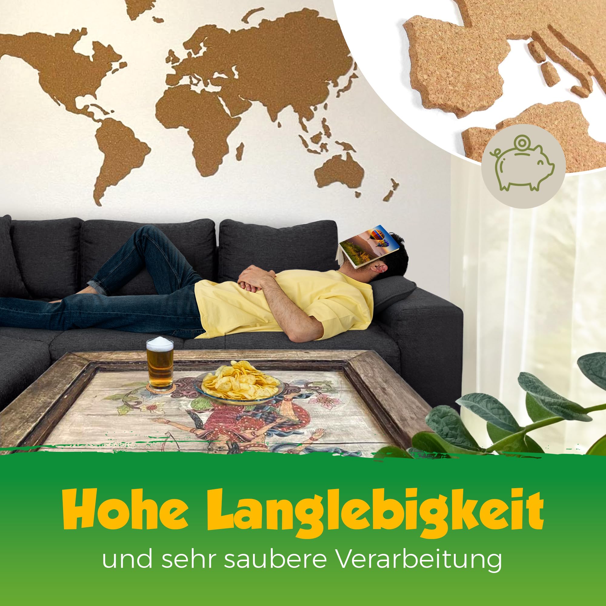 Weltkarte Umriss Kork-Pinnwand XXL 210 x 105 cm, selbstklebend, Wanddeko | Fotos, Reiseziele & Erinnerungen mit Pins sichtbar machen. Für Weltenbummler & Vielreisende - Kork-Fertigung Made in Germany