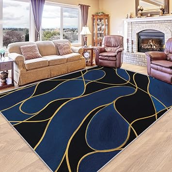 Abstract Carpet & Home Decor, 8x10 Rug, Blue Black Gold Area Rug for Living Room Office Bedroom, Geometric Rugss, Non Slip Machine Washable Low Pile Rug, Indoor Floor Rugs