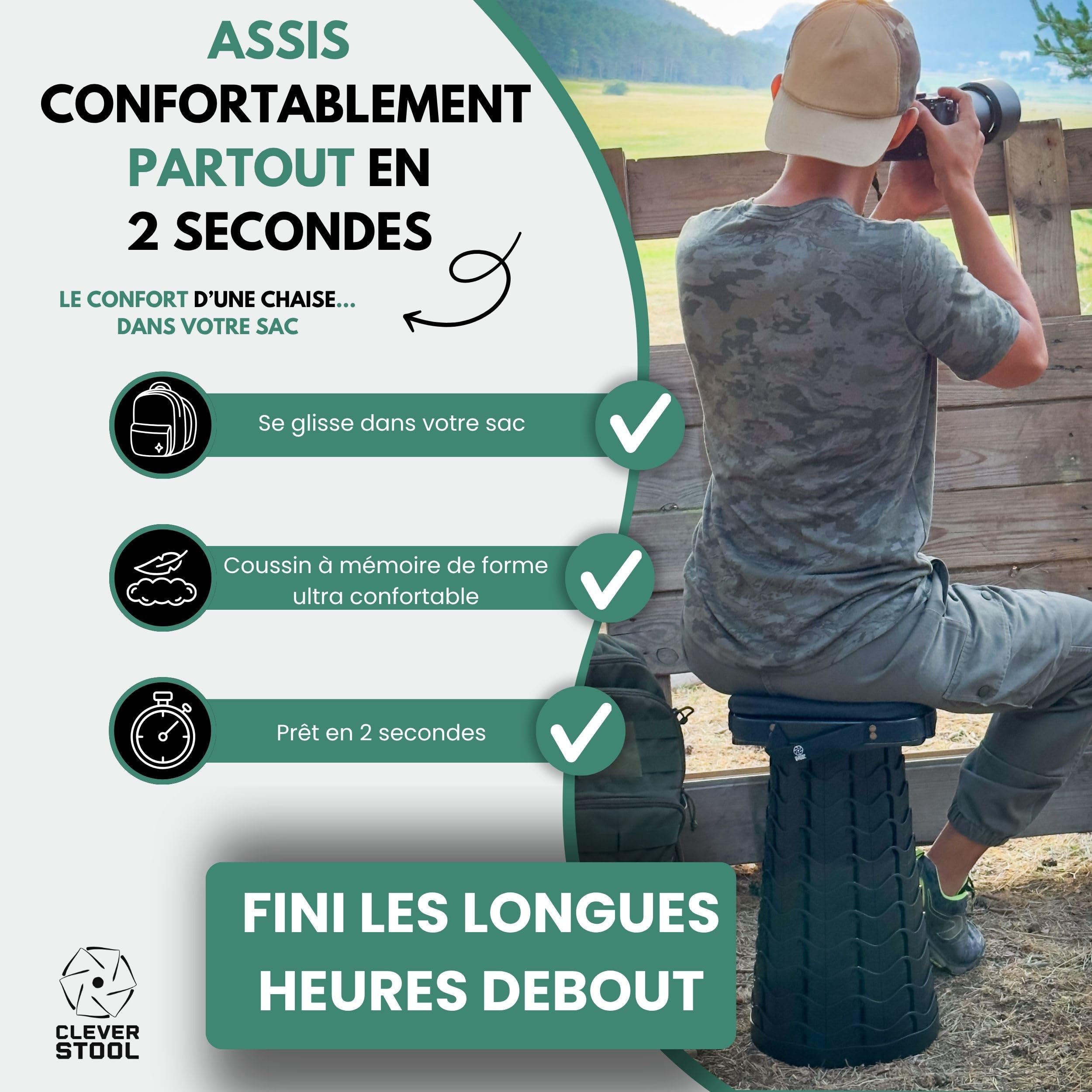 Tabouret Pliable Télescopique Confort avec Coussin – Ultra Résistant 220 kg, Siège Portable Réglable pour Camping, Pêche, Festival, Voyage