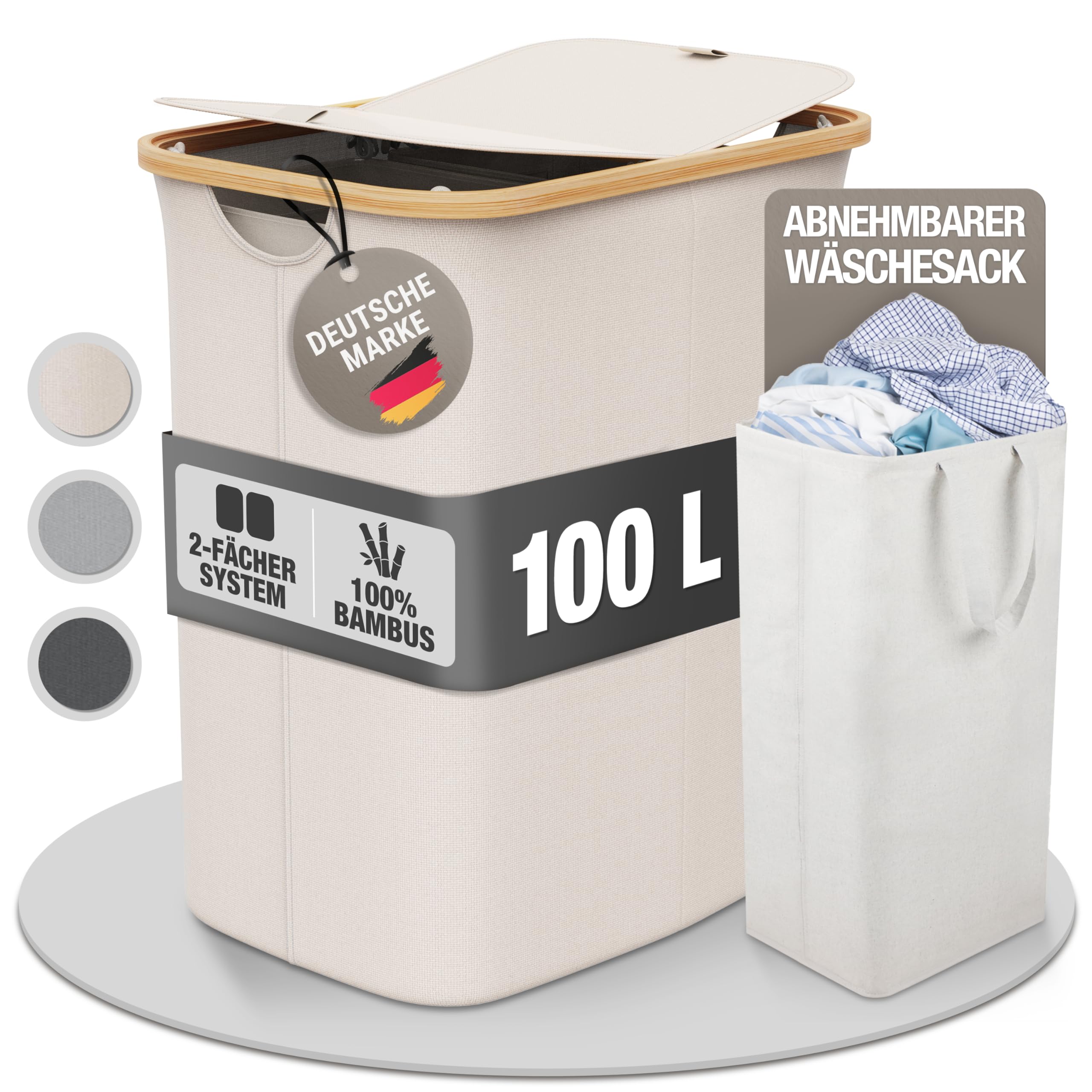 Celeko Home 100 L laundry basket with lid foldable laundry box with lid made of bamboo XXL laundry basket collector square 53 x 34 x 5 cm 2 compartments with removable laundry bags third bag free
